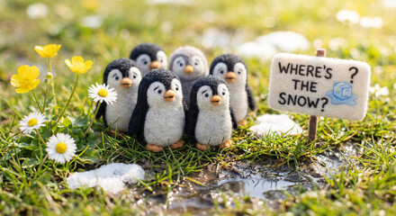 Sad cute fluffy penguins standing on green grass with melting ice and flowers. Group of worried baby animals looking at nature. 3D illustration about global warming or spring.
