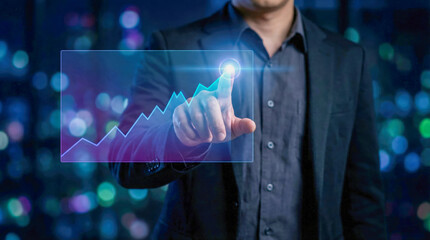 Businessman analyzing digital financial growth chart on futuristic interface.