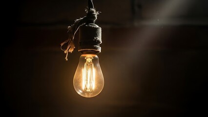 Vintage Edison Light Bulb Glowing in Dark Room with Light Rays.