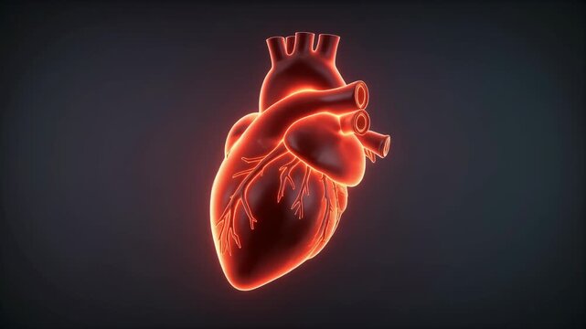 Vibrant Glowing Human Heart 3D Animation Dynamic Medical Anatomy and Physiology Visualization against Dark Background