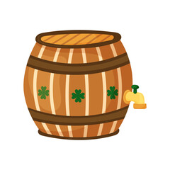 Large wooden beer keg with tap. Green clover pattern. Hand drawn vector illustration. Object on white background. Design element for Saint Patricks Day.