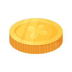 Gold coin with four leaf clover. The coin is lying down. Hand drawn vector illustration. Object on white background. Design element for Saint Patricks Day.