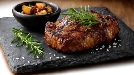 A perfectly grilled steak, garnished with fresh herbs and baby potatoes on the side, elegantly placed on a complex slate serving platter.
