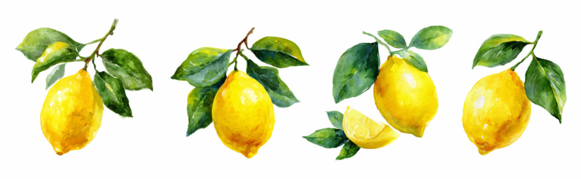 Mediterranean lemon watercolor set with citrus fruits and botanical leaves. Summer Italian pattern design for posters, tiles, and vintage prints with yellow floral elements.
