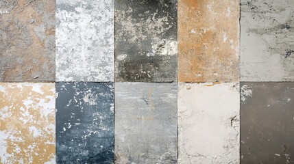 A rustic, patchy texture of square stone and cement tiles in neutral beige and grey tones. This aged and weathered surface is ideal for creating vintage, industrial, or wabi-sabi style backgrounds.