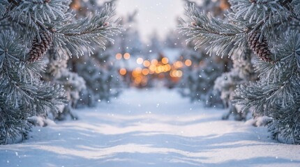 Magical winter forest path dusted with snow and glowing lights, creating a serene and festive atmosphere.