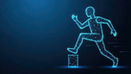 Fototapeta premium A glowing digital human silhouette leaping over a geometric cube representing progress and achievement in a futuristic blue background