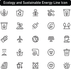 Ecology and Sustainable Energy Line Icon Set with Solar Panels, Wind Turbines, Recycling, and Green Environment Symbols