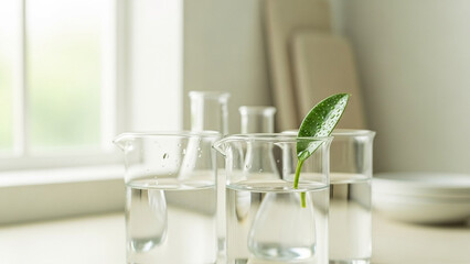 ビーカーに入った植物、シンプルな美容広告向け