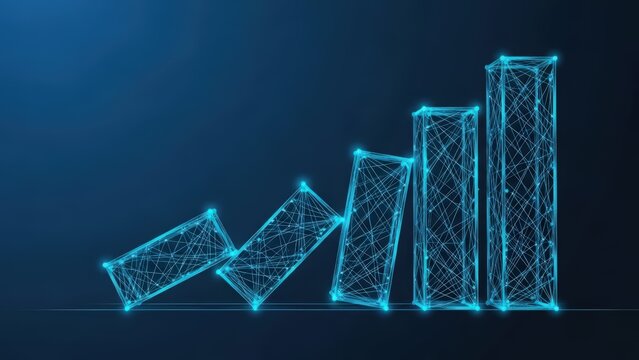 Abstract digital bar graph showing upward financial growth and business success with glowing geometric lines against a dark blue background