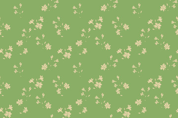 Soft seamless vector pattern with tiny cream floral clusters scattered over a muted green background, creating a gentle, natural and airy botanical design perfect for fabrics