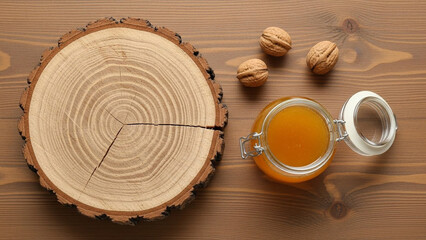 蜂蜜と木の幹、シンプルな背景素材、合成用写真素材、上からの構図