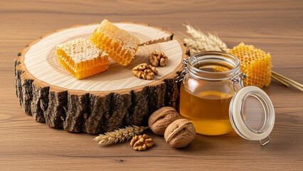 蜂蜜と木の幹、シンプルな背景素材、合成用写真素材、原材料