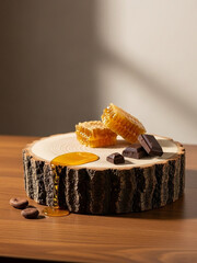 チョコと蜂蜜と木の幹、シンプルな背景素材、合成用写真素材