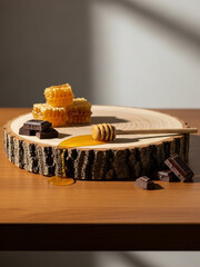 チョコと蜂蜜と木の幹、シンプルな背景素材、合成用写真素材