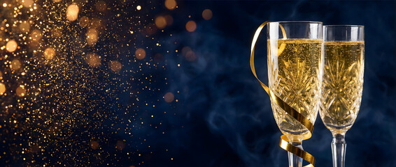 Two elegant champagne flutes with a golden ribbon against a dark blue smoky background.