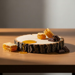 チョコと蜂蜜と木の幹、シンプルな背景素材、合成用写真素材