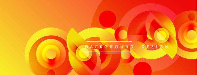 Dynamic orange background features concentric circles, abstract shapes. Vibrant colors create modern, energetic visual effect. Text reads background design.