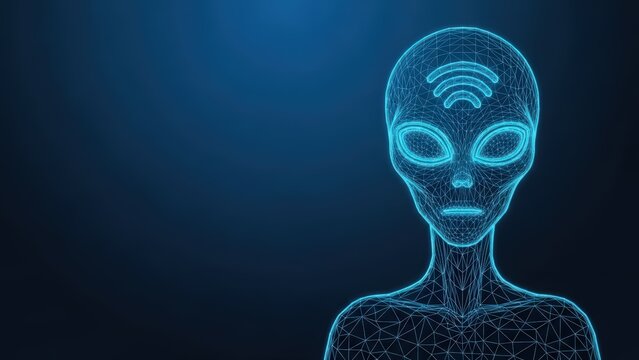 Futuristic alien head with glowing network signal above its head in a digital wireframe style on a dark blue background