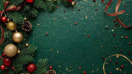 Elegant Christmas Background with Green Texture, Festive Ornaments, Pine Branches and Copy Space for Holiday Design