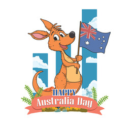 A cute kangaroo waving the Australian flag, flat vector illustration with crisp lines on a white background, ideal for online media on Australia Day.