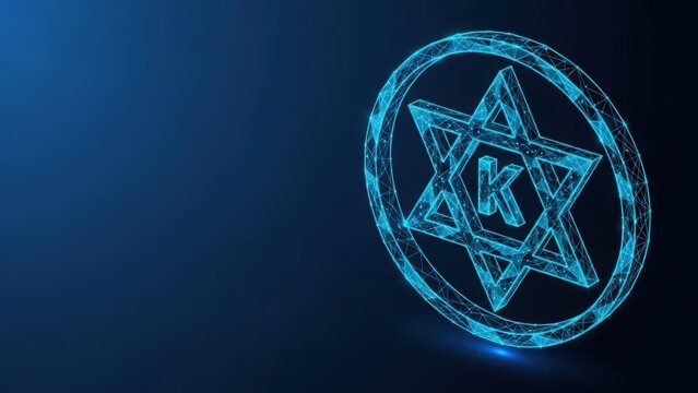 Glowing blue kosher certification symbol with a star of david and k