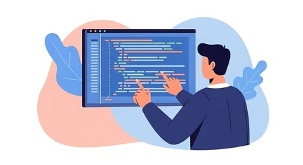 Man pointing at code on a computer screen, programming concept.