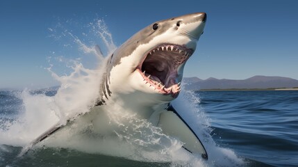 Obraz premium Great white shark breaching the ocean surface.