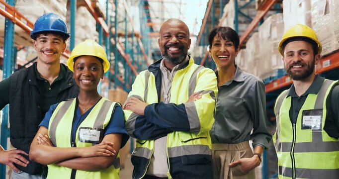 Supply chain, warehouse and people with arms crossed, face and pride for logistics, export and goods. Cargo, distributor and group with smile for distribution, confident and solidarity in factory