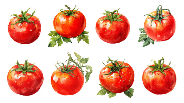 Watercolor set of ripe tomatoes. Hand drawn illustration of tomatoes with vintage charm, showing ripe red fruit, green leaves for Italian culinary graphics.