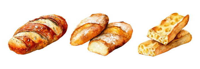 Delicious ciabatta bread bakery collection. Watercolor realistic vector illustration of fresh pastries with golden cereal products isolated on white. italian traditional bread.