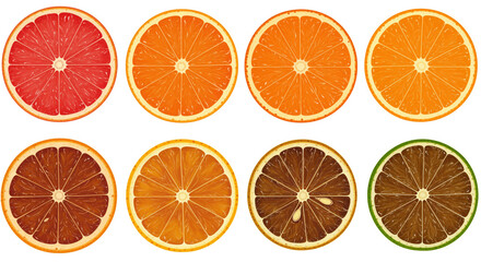 Variety of citrus fruits sliced in half on white background