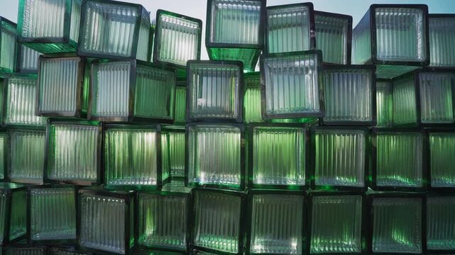 Stack of green glass blocks wall.