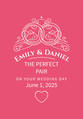 A vector personalized custom alcohol bottle label with a with a heart sign and wedding rings. With vintage inscriptions. For wedding, anniversaries, and holidays. No AI