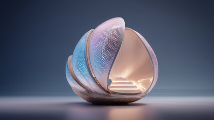 A futuristic bio-digital fashion display pod grown from organic polymers with glowing digital overlays. 