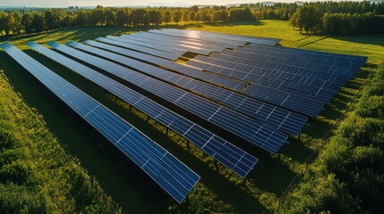 Aerial view of a large solar panel farm array capturing bright sunlight in a lush green rural field setting