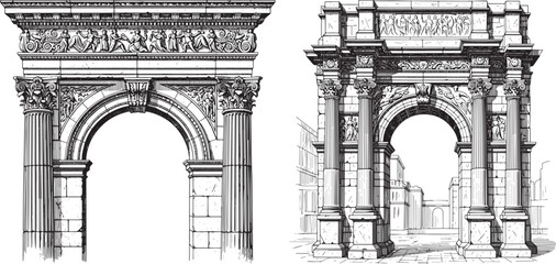 Fototapeta premium Ancient Roman Triumphal Arch Architecture Etching Engraving Style Vector Icon Set Isolated Historic Monument Illustration
