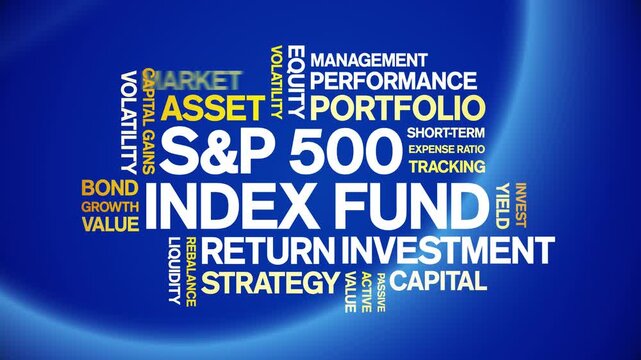 S&P 500 index fund animated word cloud-text design animation tag kinetic typography seamless loop.