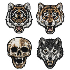 Animal heads and skull patches in various styles and designs showing detailed artwork and bold features for sewing or crafting