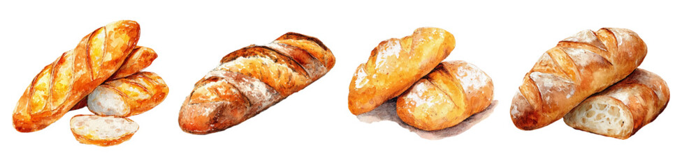 Baker's bread collection featuring golden loaves, baguettes, and bakery goods. Watercolor vector set of tasty breakfast items, butter, and fresh wheat products for design.