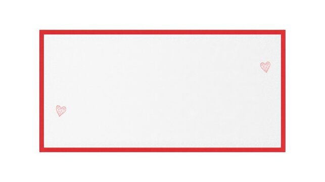 Valentines day greeting card layout with red border and hearts on white background for love and romance