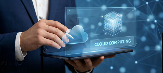 Cloud computing data storage icons with glowing digital hologram