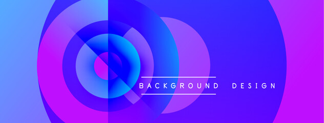 Abstract gradient circles create dynamic visual. Purple, blue hues dominate composition. Text reads background design. Modern, sleek aesthetic.