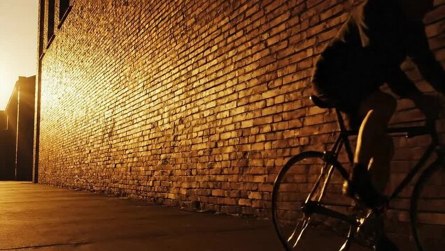 Silhouette Cyclist Riding Along Brick Wall at Sunset.