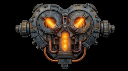 Rusty mechanical heart device with glowing orange heating coils and industrial metal pipes