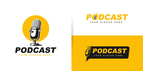 set Microphone radio podcast yellow logo design	