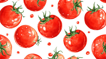 Watercolor tomato pattern with hand-drawn vegetables and botanical elements. Vintage food illustration featuring red tomatoes, green leaves, and organic farm-fresh produce design.