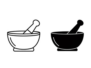 Black and white line art illustration of two mortar and pestle sets, one filled with shading and the other as a simple outline, on a clean white background