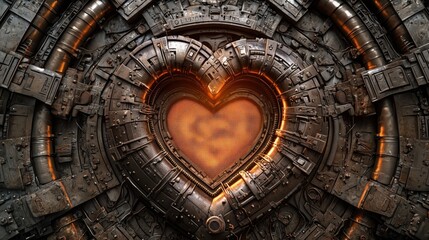 Heavy industrial metal background with glowing orange heart shape embedded in complex machine