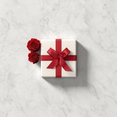 Romantic top view of white gift box with red ribbon and roses on white marble for valentines day